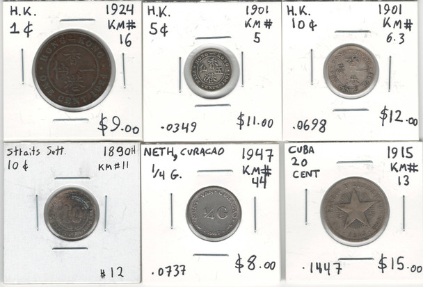 World Bulk Coin Lot: Caribbean, Hong Kong, Straits Settlements (6 Pcs, Includes Silver)