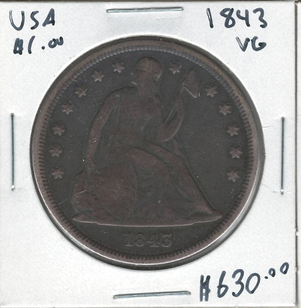 United States: 1843 Seated Liberty Dollar VG