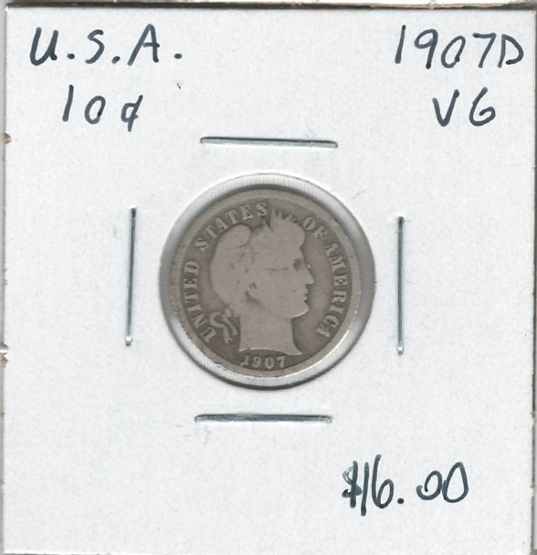 United States: 1907D 10 Cent VG