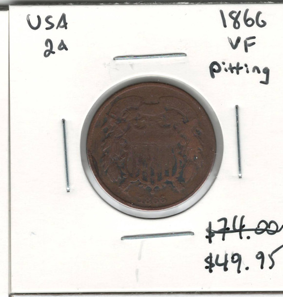 United States: 1866 2 Cent VF with Pitting