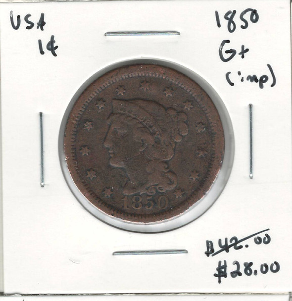 United States: 1850 1 Cent G+ with Imperfections