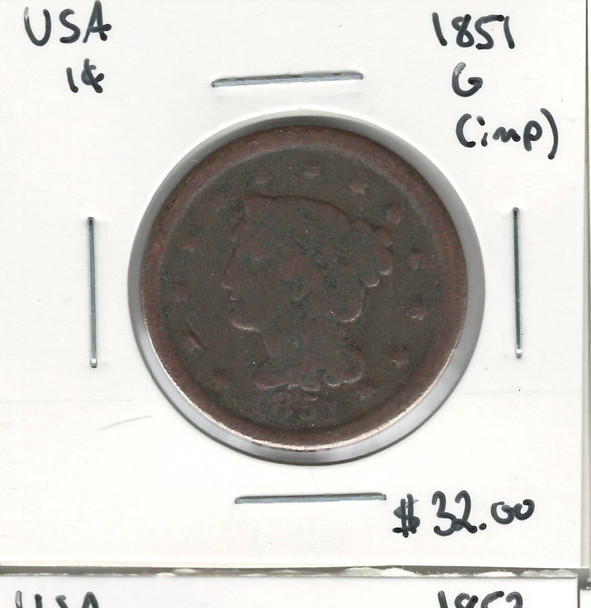 United States: 1851 1 Cent G with imperfections