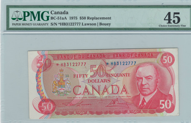 Canada: 1975 $50 Bank Of Canada Replacement Banknote BC-51aA PMG EF45