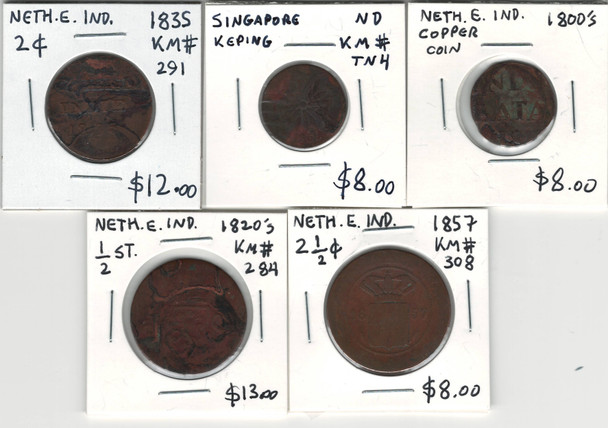 Netherlands/British East Indies: 1800's 5 Piece Coin Lot