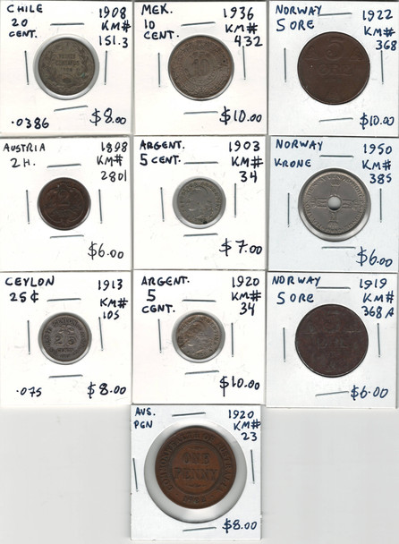 Argentina, Norway, Etc.: 10 Piece Coin Lot (Includes Silver)