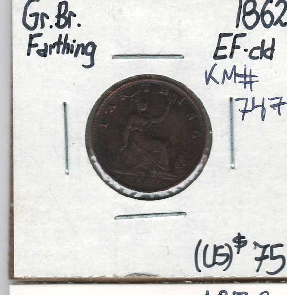 Great Britain: 1862 Farthing, EF Cleaned