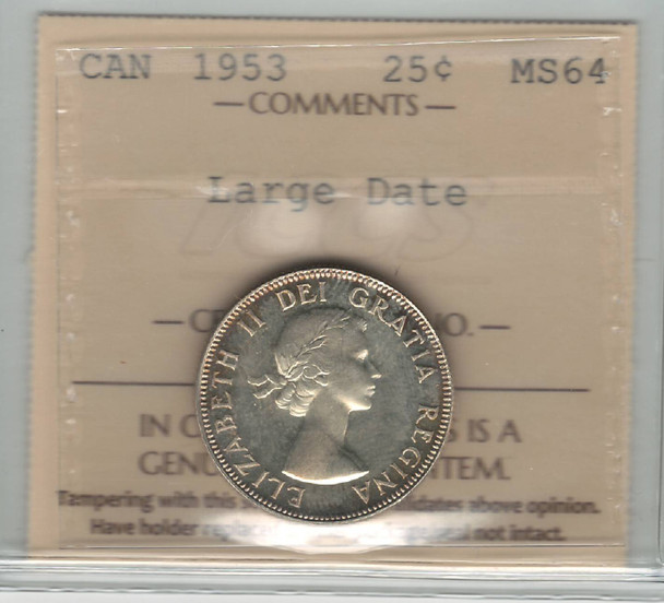 Canada: 1953 25 Cents NSF Large Date ICCS  MS64