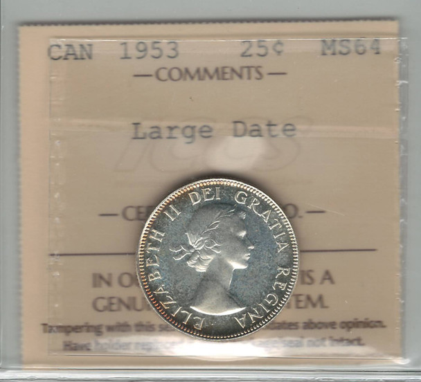 Canada: 1953 25 Cents NSF Large  Date ICCS MS64