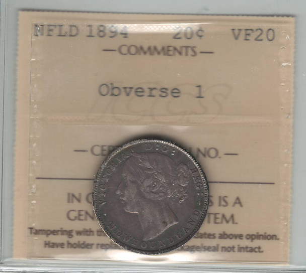 Canada: Newfoundland: 1894 20 Cent Obverse 1 ICCS VF20