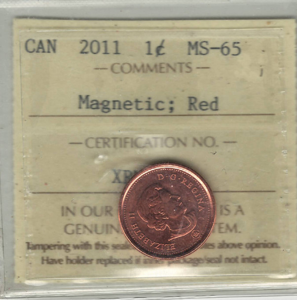 Canada: 2011 1 Cent Magnetic ICCS MS65 Red