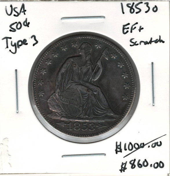 United States: 1853o 50 Cent Type 3 EF+ with Scratch