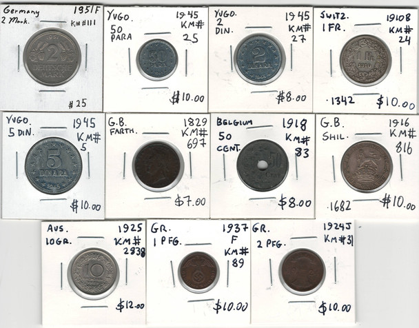 Bulk World Coin Lot: 11 Pieces Germany, Switzerland, Yugoslavia (Includes Silver)