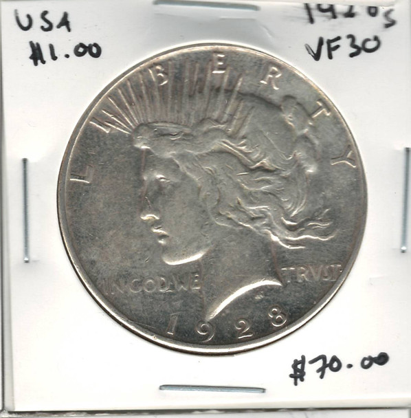 United States: 1928s  Peace Dollar  VF30