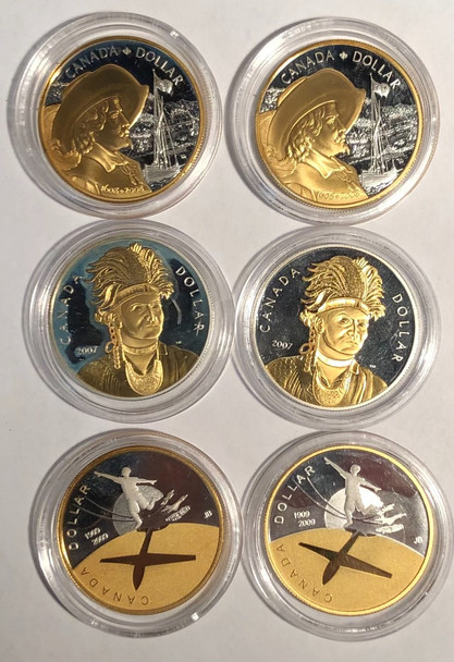 Canada: 2007-2009 $1 Gold Plated Silver Dollar Collection Lot (6 Pieces)