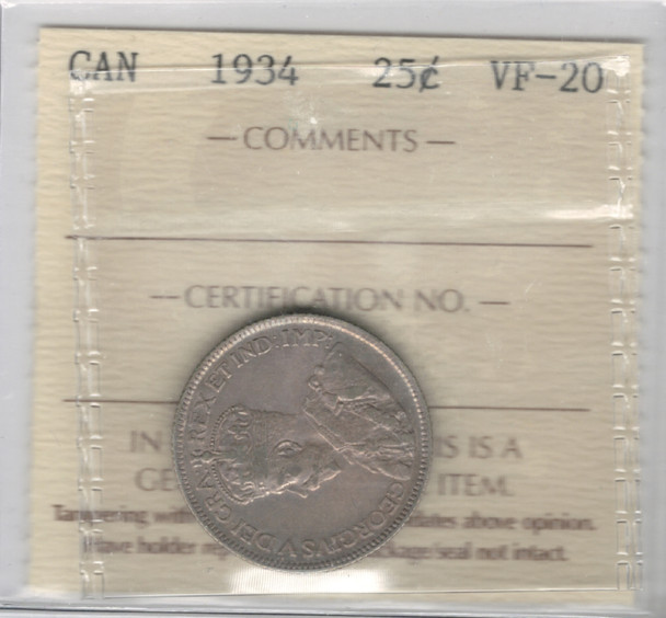 Canada: 1934 25 Cents ICCS VF20