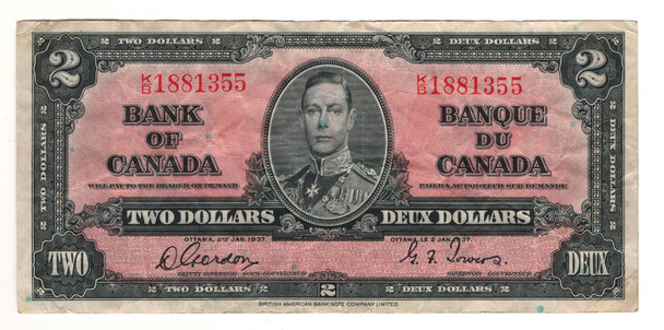 Canada: 1937 $2 Bank Of Canada  Banknote  BC-22b