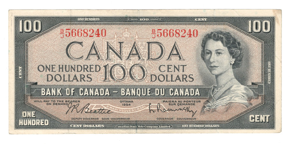 Canada: 1954 $100  Bank Of Canada Banknote  BC-43b