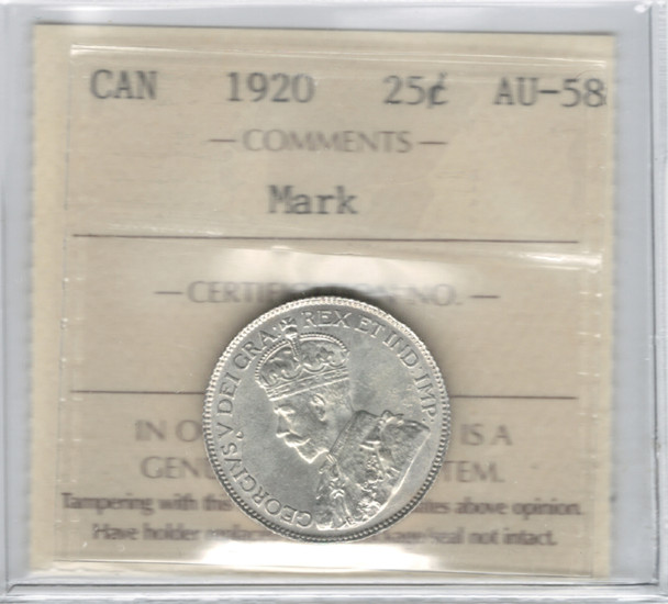Canada: 1920 25 Cent ICCS AU58 with Mark