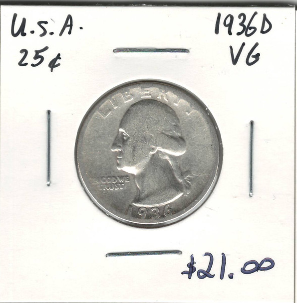 United States: 1936D 25 Cent VG8