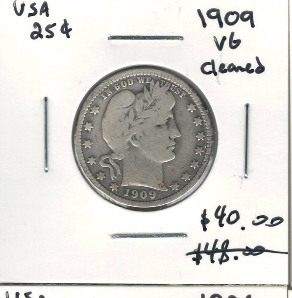 United States: 1909 25 Cent VG8 Cleaned