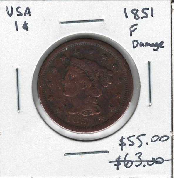 United States: 1851 1 Cent F12 Damaged