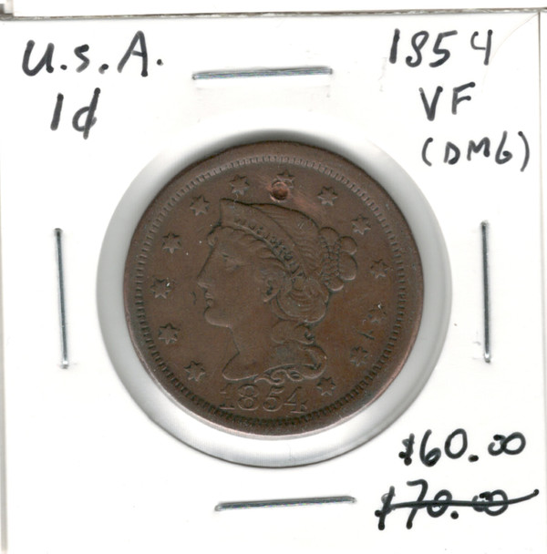 United States: 1854 1 Cent VF20 Damaged