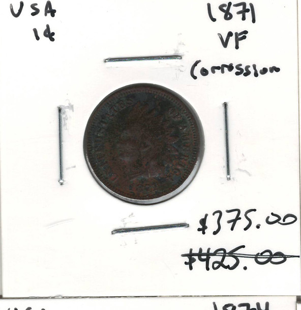 United States: 1871 1 Cent VF20 with Corrosion