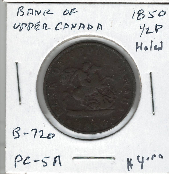 Bank of Upper Canada: 1850 Half Penny PC-5A Holed