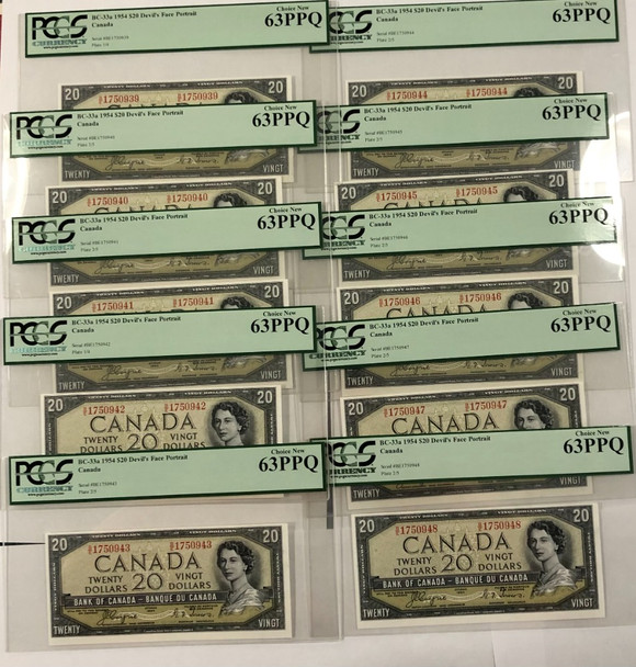 Canada: 1954 $20 Bank of Canada Devil's Face 10 Banknotes in Sequence PMG MS63PPQ
