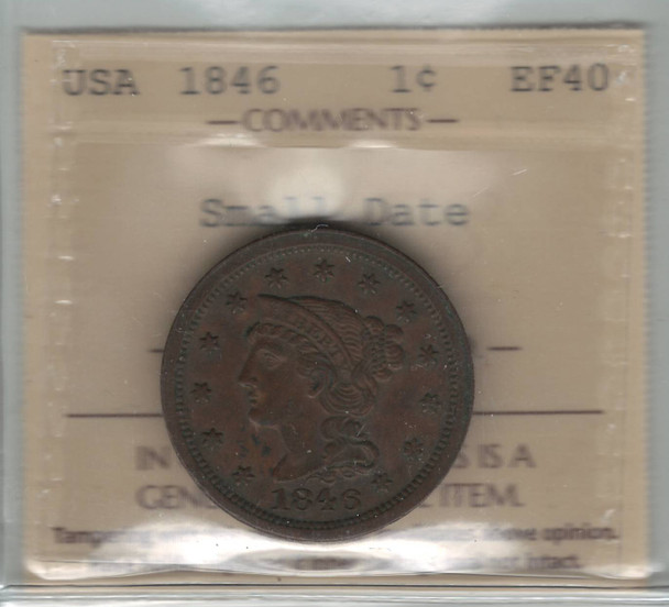 United States: 1846 1 Cent Braided Hair Small Date ICCS EF40