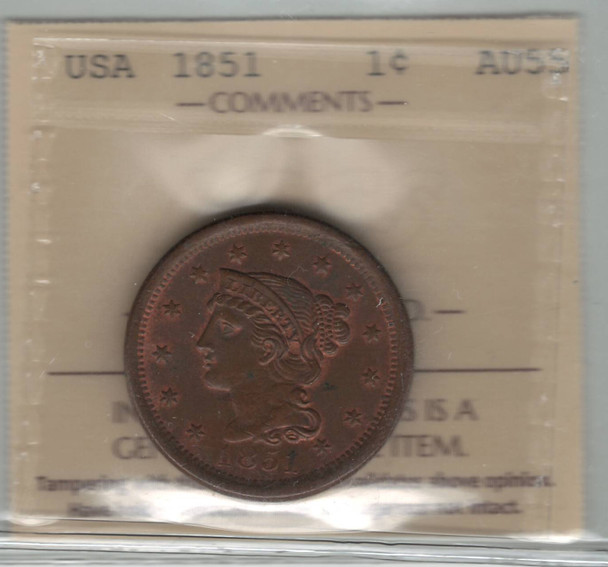 United States: 1851 1 Cent Braided Hair ICCS AU55 Traces of Red