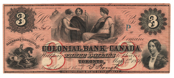 Canada: 1859 $3 Colonial Bank of Canada Banknote