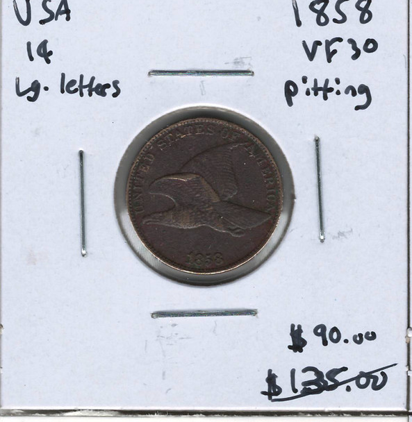 United States: 1858 1 Cent Large Letters VF30 with Pitting