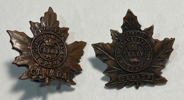 Canada: Two Different WWI 135th Middlesex Battalion Collar Badges