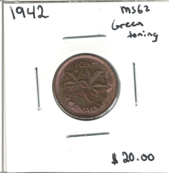 Canada: 1942 1 Cent MS62 with Green Toning