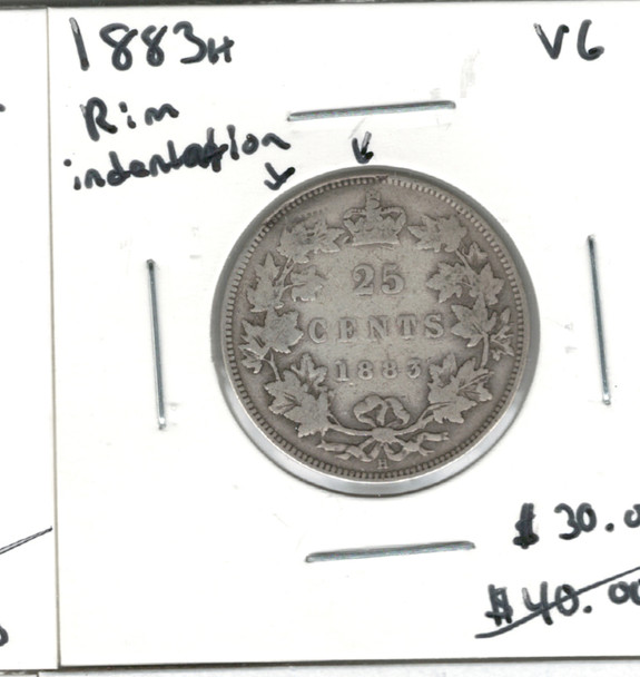 Canada: 1883H 25 Cent VG8 with Rim Indentation