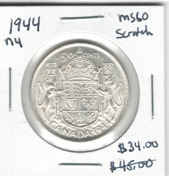Canada: 1944 50 Cents Near 4 MS60 with Scratch