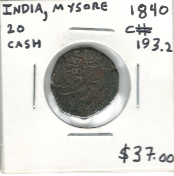 India: Mysore: 1840 20 Cash