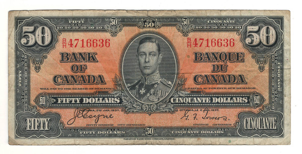 Canada: 1937 $50 Bank Of Canada Banknote B/H BC-26c