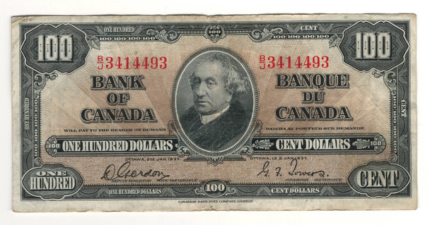 Canada: 1937 $100  Bank Of Canada Banknote  B/J  BC-27b