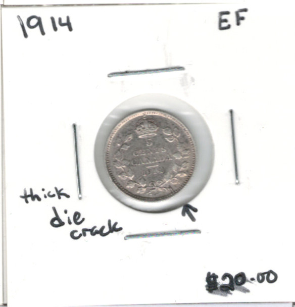 Canada: 1914 5 Cent EF40 with Die Crack