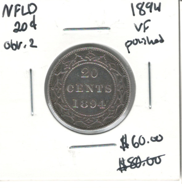 Canada: Newfoundland: 1894 20 Cent Obv. 2 VF20 Polished