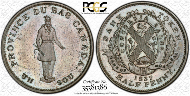 Canada: Lower Canada: 1837 Half Penny Token Breton 522, CH. LC-8D2 PCGS MS62BN