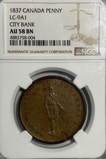 Canada: Lower Canada: 1837 Penny Token City Bank; CH. LC-9A1 NGC AU58BN