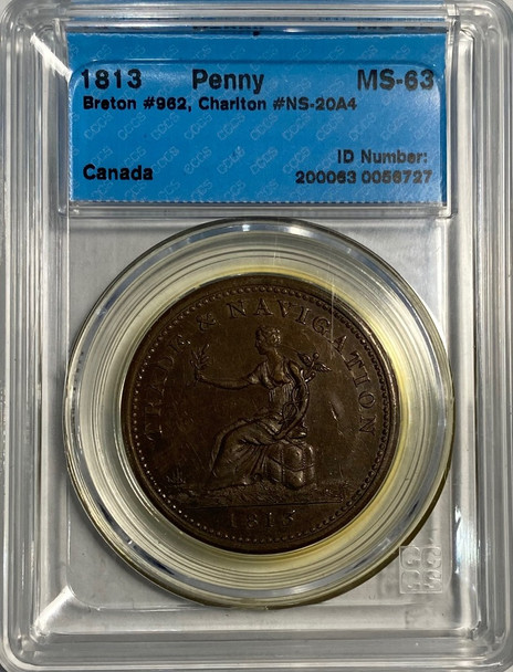 Canada: Nova Scotia: 1813 Penny Token; Breton 962, CH. NS-20A4 CCCS MS63