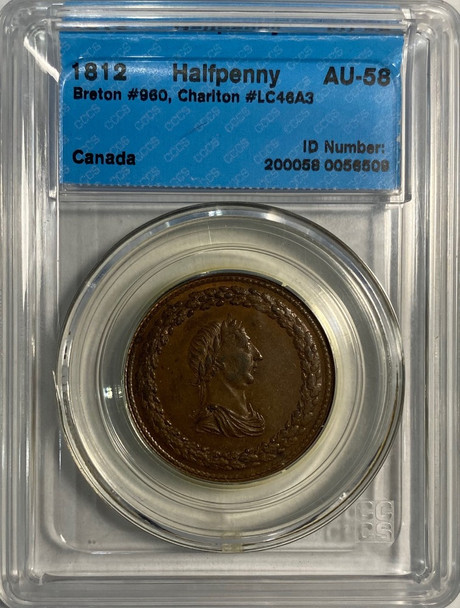 Canada: Lower Canada: 1812 Half Penny Token; Breton 960,  CH. LC-46A3 CCCS AU58