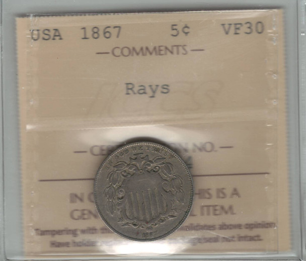 United States: 1867 5 Cent ICCS VF30