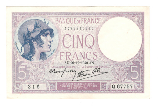 France: 1940 5 Francs Banknote P.83