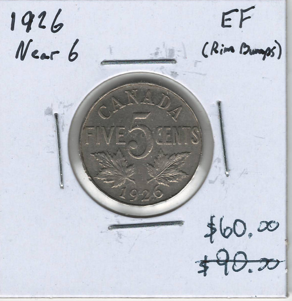 Canada: 1926 5 Cent Near 6 EF40 with Rim Bumps