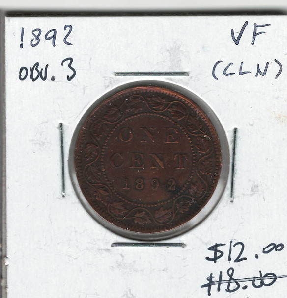 Canada: 1892 1 Cent OBV#3 VF20 Cleaned